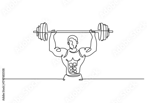 Single Line Drawing of a Man Lifting a Barbell Overhead