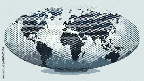 Halftone world map with continents displayed in black against a light gray background and diagonal lines