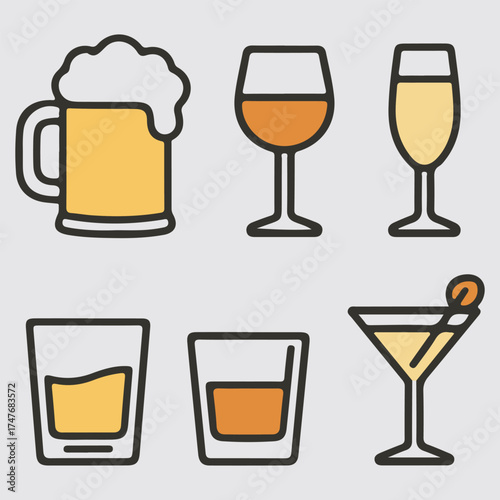 Illustration of six different types of alcoholic drinks isolated on white background