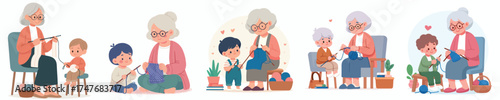 vector grandmother knitting with grandchildren