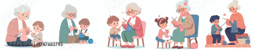 vector grandmother knitting with grandchildren