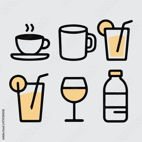 Collection of Line Art six different types alcoholic drinks
