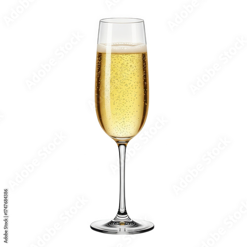 Tall flute glass filled with bubbly champagne isolated on transparent background