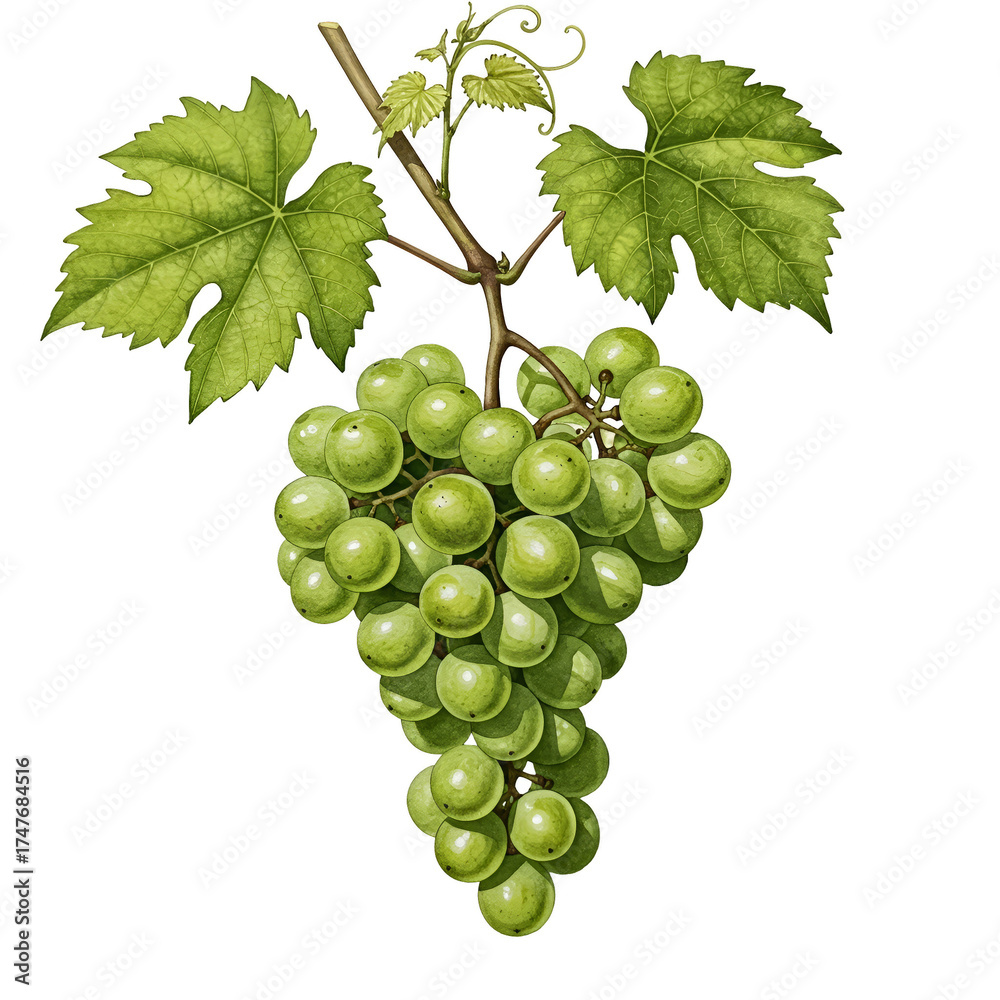 Obraz premium Illustration of Ripe Green Grapes on Vine with Leaves