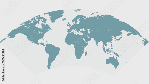 A world map showing the continents in a light blue color on a white background in a flat projection