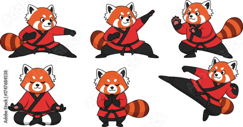 Adorable red panda cartoon characters practicing martial arts and meditation for kids designs, illustrations, and educational materials, so cute