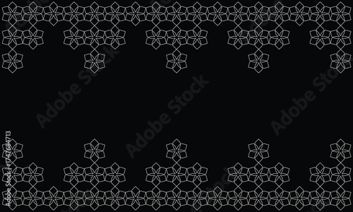 Horizontal black background vector with an abstract pattern ornament frame in white line art style and an empty area for text or title