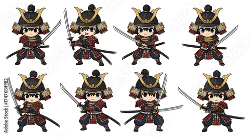Chibi Samurai warriors ready for action, perfect for gaming, anime, or historical content, with detailed armor and swords on a clean white backdrop