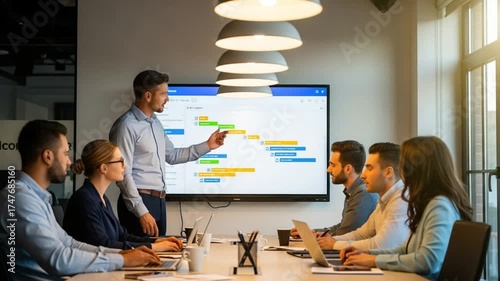 Presenting Project Timeline to Team in Modern Office Setting
