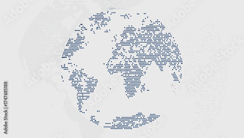 World map illustration created with small dots on a light background showing continents and oceans view