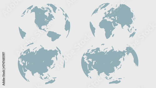 Four stylized world globes showing different continents on a light gray background with a simple design