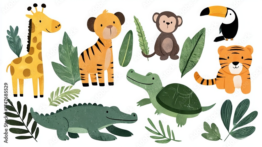 Obraz premium Adorable jungle animal cartoon collection. Includes a giraffe, monkey, tiger, crocodile, toucan, turtle, and lush tropical leaves in a flat vector style