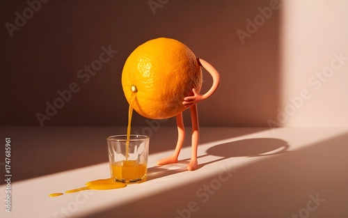 Surreal image of an orange with arms and legs squeezing juice into a glass, creating a whimsical and humorous visual concept