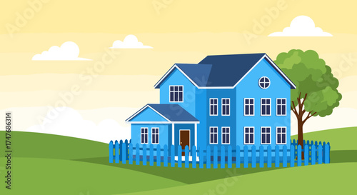 A charming blue house sits nestled in a vibrant green landscape under a warm yellow sky.