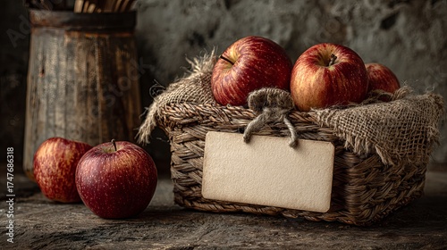 Rustic basket overflows with vibrant red apples, offering a harvest of natural goodness and farm-fresh appeal for your projects.