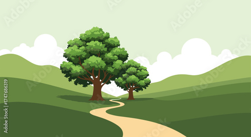A scenic winding path through rolling green hills dotted with lush trees and fluffy clouds.