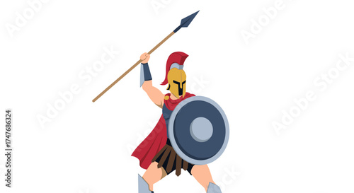 A determined ancient warrior in full armor bravely wields a spear and shield in preparation for battle.