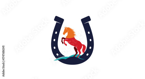 A vibrant horse rearing inside a horseshoe emblem symbolizing strength and freedom.