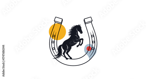 A striking silhouette of a powerful black horse rears up inside a detailed horseshoe emblem.  