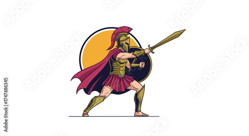 Illustration of a powerful ancient warrior in full armor holding a sword and shield ready for battle in front of a setting sun.