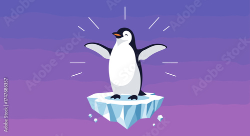 A happy penguin standing on an iceberg with its wings spread wide.