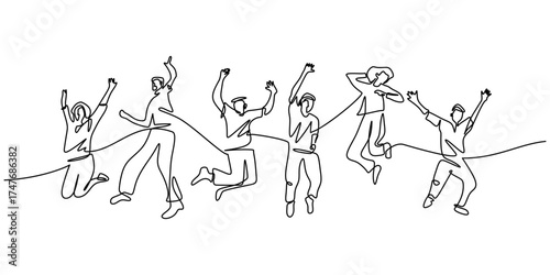 Continuous Hand Drawn Sketch of People Jumping with Joy
