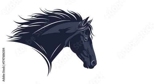 Majestic dark horse head with flowing mane and determined expression captured in dynamic illustration.