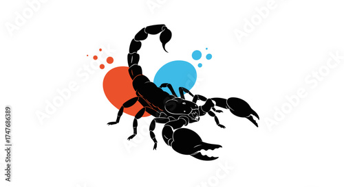 A black scorpion graphic with colorful circles behind it on a white background.