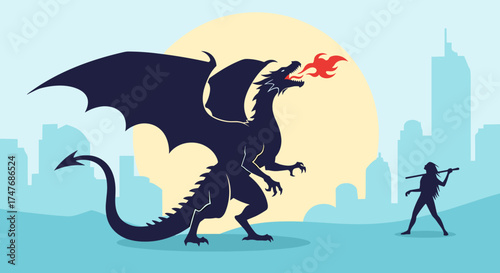 A mythical dragon breathing fire confronting a brave human warrior in a city.
