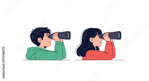 Children looking through binoculars searching for something in the distance with curiosity and wonder.