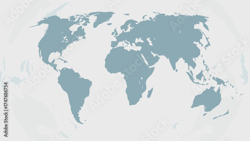 A stylized world map with continents in muted blue against a light background is displayed here