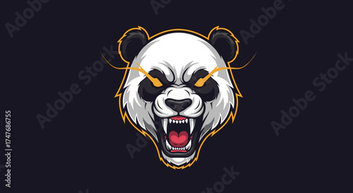 An intimidating and aggressive panda mascot with glowing yellow eyes snarling ferociously.