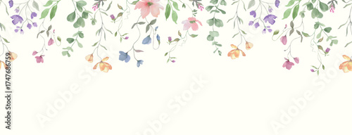 Seamless watercolor floral border with wildflowers, eucalypt leaves. Hand-painted botanical illustration, perfect for invitations, greeting cards, wedding designs. Vector EPS.