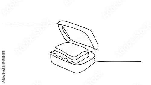 One Continuous Line Drawing of a School Lunchbox with a Sandwich