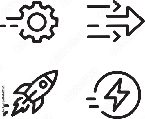 Innovative solutions icon set featuring progress speed power and development signs.
