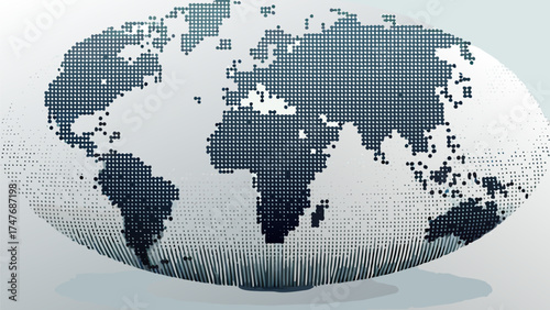 Dotted world map with continents displayed in dark blue on a light background with vertical lines