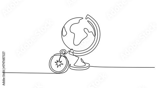 Continuous Line Drawing of a Globe and Compass for Geography