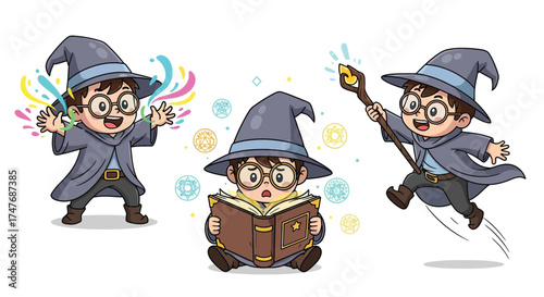 Enchanting cartoon wizard kids conjuring magic spells from a book and wand, perfect for children's stories and whimsical designs that spark imagination