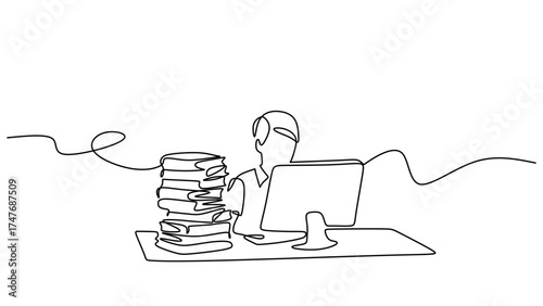One Line Drawing of a Student Studying at a Computer Desk