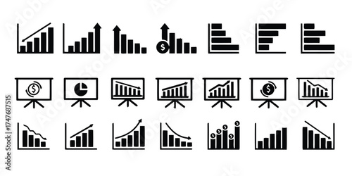 graph, chart, business, finance, data, statistics, analytics, growth, decline, profit, loss, income, expense, presentation, report, icon, symbol, set, collection, black and white, monochrome, bar char