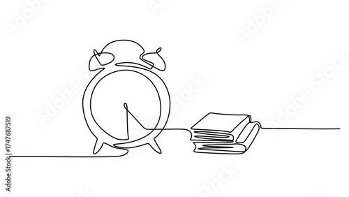 Single Line Drawing Alarm Clock with Books. Study Schedule and Time Management Concept.