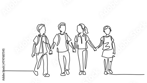 Continuous One Line Drawing Students Walking with Friends. School Friendship Concept.