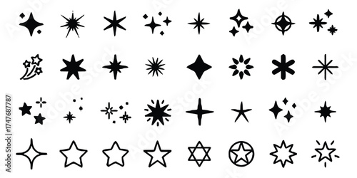 star, stars, sparkle, sparkles, shine, glitter, twinkle, burst, abstract, shape, icon, symbol, graphic, illustration, hand-drawn, doodle, sketch, simple, black and white, white background, isolated, d