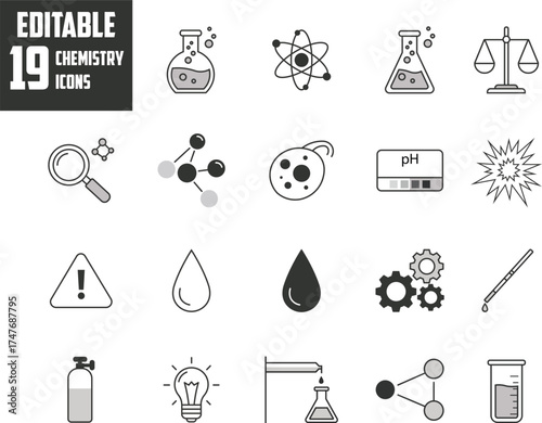 Editable Vector Chemistry Icon Set. Minimalist Science Lab Equipment Symbols related icons: Flask, Beaker, Pipette, Test Tube, Microscope, Atom, Molecule and more. Isolated on transparent background.