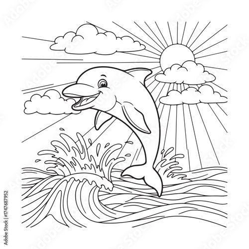 Happy Dolphin Leaping Out of Ocean Wave Under Sunny Sky with Clouds jumping Dolphin Coloring Book Dolphin Coloring page Coloring page Coloring book