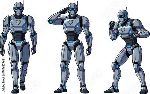 Futuristic robot soldiers standing alert, ready for action and saluting on a clean white backdrop, symbolizing innovation and technological advancement