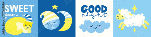 Good night, sweet dreams lettering, square cards with cute illustrations of moon, sheep, earth, sleeping cloud, cat. For greeting cards, posters, prints, banners. Simple gentle art in pastel pallette.