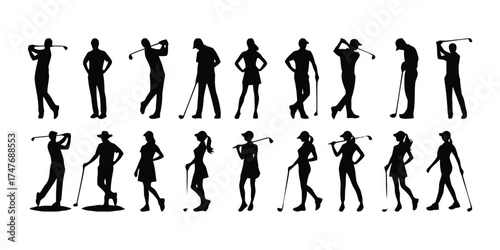 golf, golfer, silhouette, sport, male, female, woman, man, person, player, swing, club, stance, action, game, hobby, recreation, activity, athletic, outdoor, white background, isolated, set, collectio