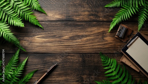 Ferns frame wood desk; paper, pen, and clips