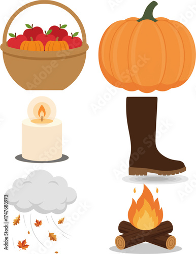 Flat Illustration Autumnal Elements with Apple Basket, Pumpkin, Candle, Boot, Leaves and Campfire .